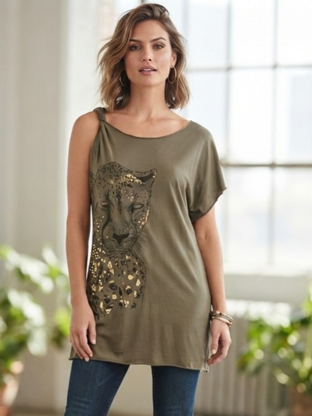 Key Closet Embellished  Leopard Mini Dress/top In Olive Size MED